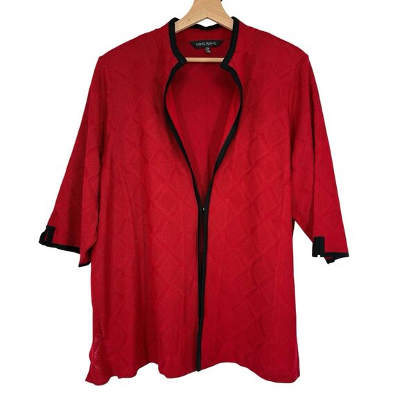 Ming Wang Womens Red Knit Cardigan Size 2X Black Trim Shoulder Pads Holiday - Picture 1 of 10